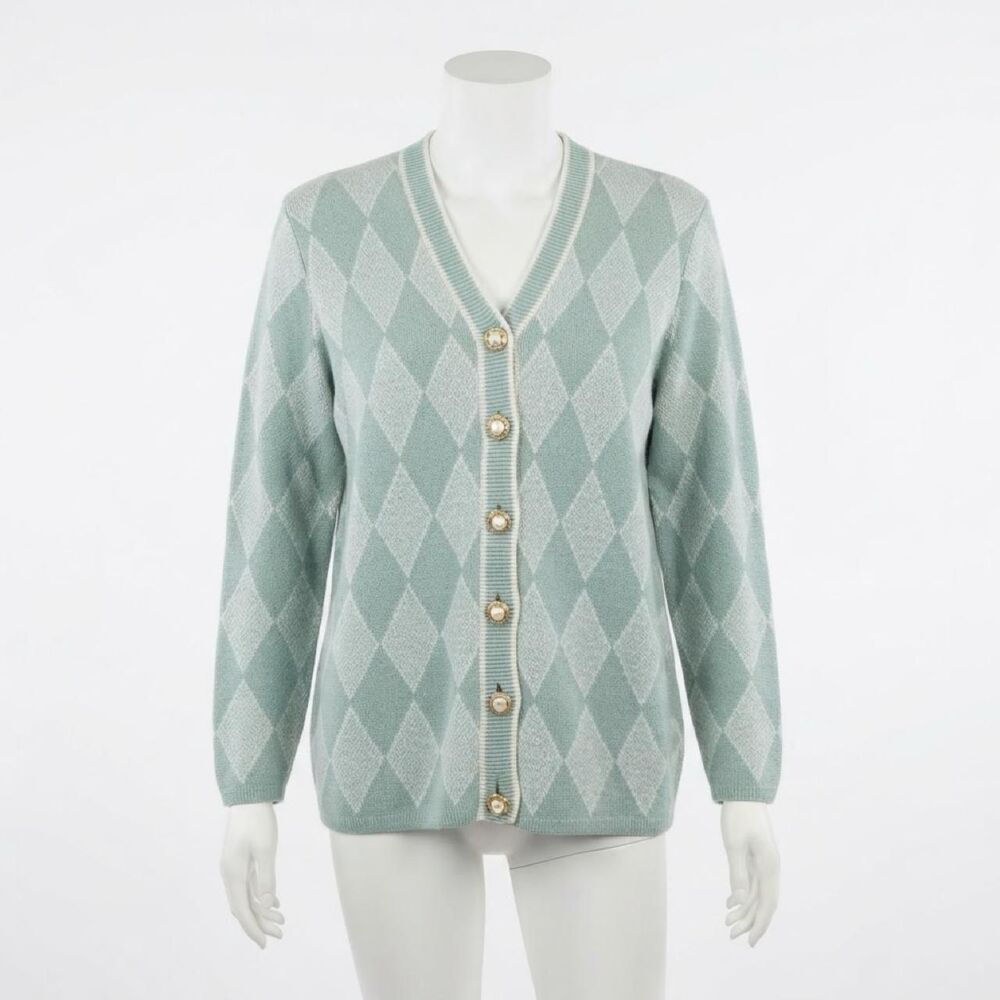 VTG 80s Ami Knits Sage Argyle Sweater Cardigan Pearl Buttons SZ 8 Retro Preppy
